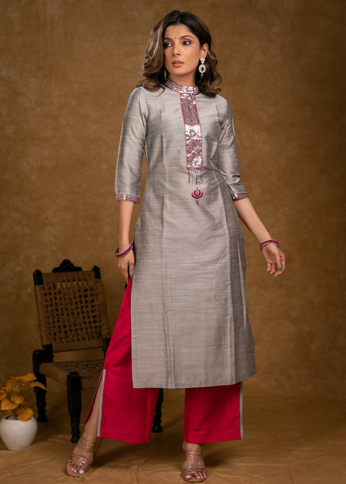 Classy Grey Cotton Silk Kurta with Sequence Hand Embroidery with Pink Palazzo -2 Piece