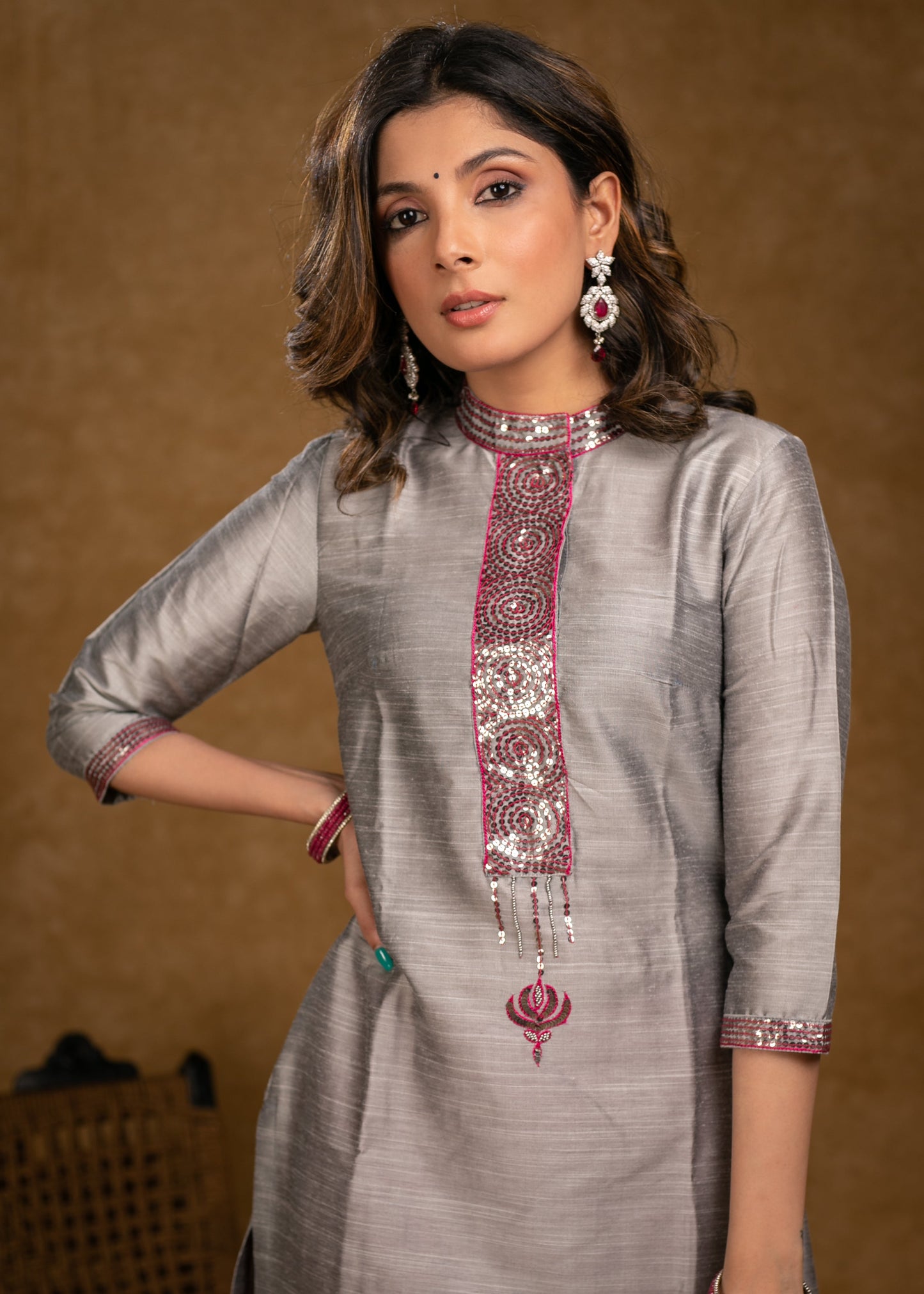 Classy Grey Cotton Silk Kurta with Sequence Hand Embroidery with Pink Palazzo -2 Piece
