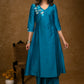 A Line Firozi Cotton Silk Kurta with Beautiful Glass Bead Embroidery and Palazzo - 2 Piece