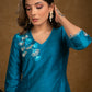 A Line Firozi Cotton Silk Kurta with Beautiful Glass Bead Embroidery and Palazzo - 2 Piece