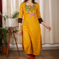 Elegant Straight Cut Mustard and Ikat Combination Kurta With Authentic Hand Gond Painting on the Yoke