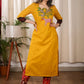 Elegant Straight Cut Mustard and Ikat Combination Kurta With Authentic Hand Gond Painting on the Yoke