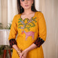 Elegant Straight Cut Mustard and Ikat Combination Kurta With Authentic Hand Gond Painting on the Yoke
