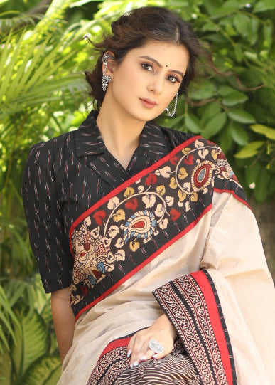 Regal cotton line Ajrakh saree with cream Pallu and Kalamkari border