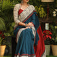 Exceptional Teal blue Cotton saree with Madhubani printed border