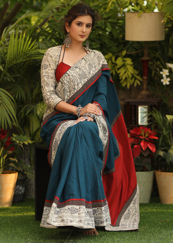 Exceptional Teal blue Cotton saree with Madhubani printed border