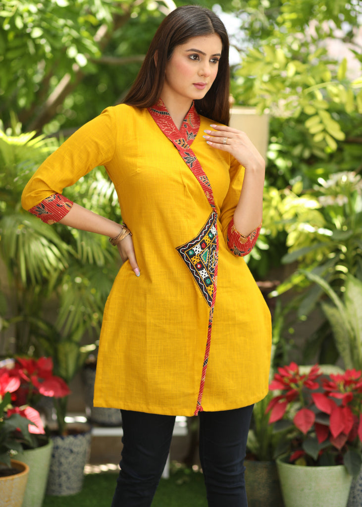 Beautiful Mustard Overlap Tunic with Contrast Border and Kutch Mirror Work Detailing