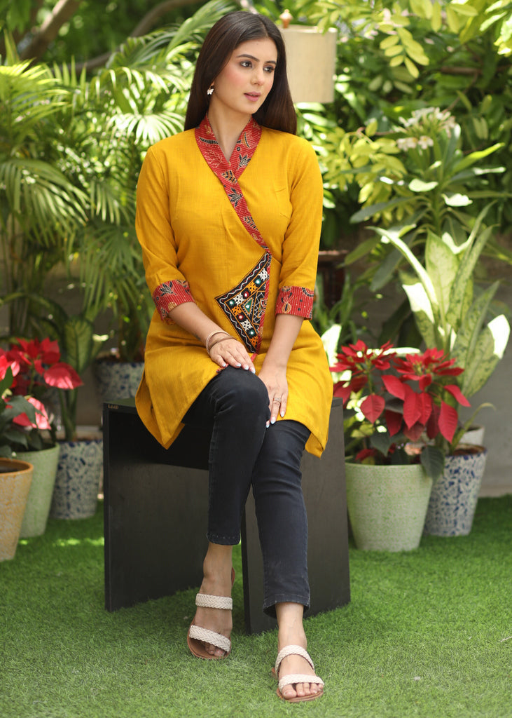 Beautiful Mustard Overlap Tunic with Contrast Border and Kutch Mirror Work Detailing
