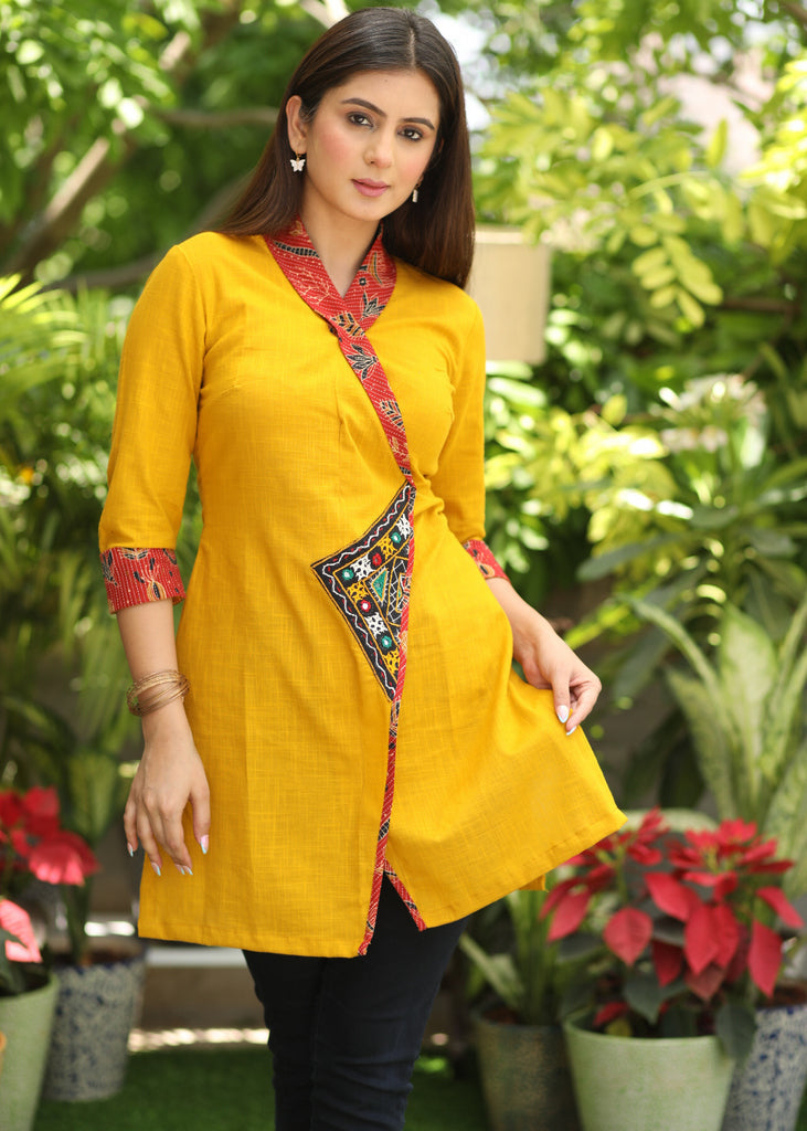 Beautiful Mustard Overlap Tunic with Contrast Border and Kutch Mirror Work Detailing