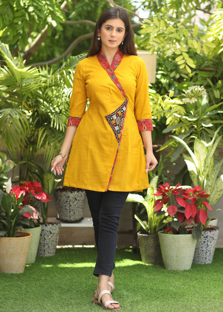 Beautiful Mustard Overlap Tunic with Contrast Border and Kutch Mirror Work Detailing