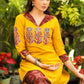 Classy Cotton Mustard Tunic with Maroon Ajrakh Collar and Sleeves with Contrast Patchwork on Front