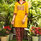 Classy Cotton Mustard Tunic with Maroon Ajrakh Collar and Sleeves with Contrast Patchwork on Front