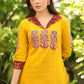 Classy Cotton Mustard Tunic with Maroon Ajrakh Collar and Sleeves with Contrast Patchwork on Front