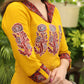 Classy Cotton Mustard Tunic with Maroon Ajrakh Collar and Sleeves with Contrast Patchwork on Front