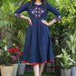 Classy Cotton Navy Blue Dress with Embroidered Yoke and Sleeves