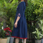 Classy Cotton Navy Blue Dress with Embroidered Yoke and Sleeves