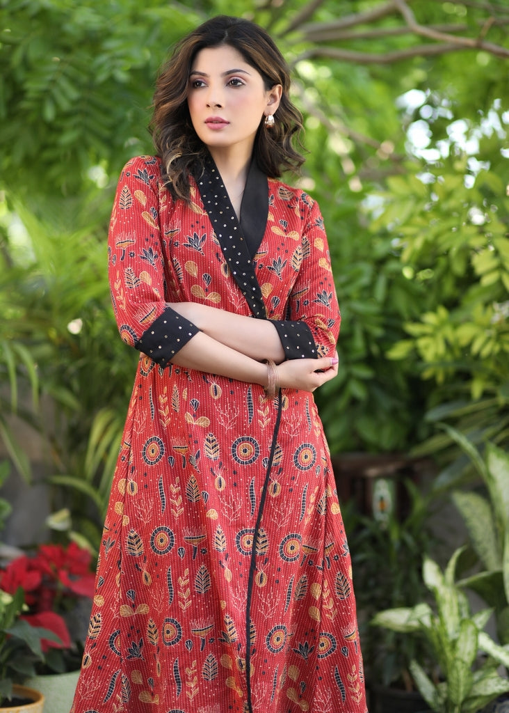 Classy Red Kantha Wrap-Around Dress