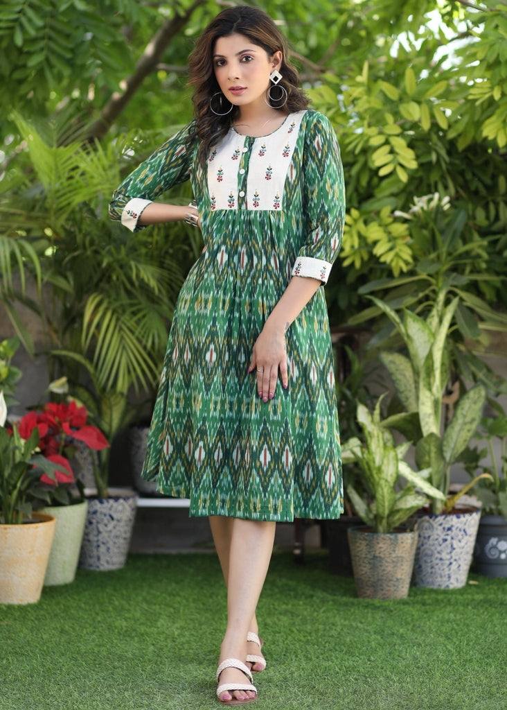 Classy Green Ikat A-Line Dress with Ethnic Embroidered Motifs on Yoke
