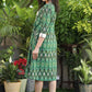 Classy Green Ikat A-Line Dress with Ethnic Embroidered Motifs on Yoke