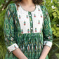 Classy Green Ikat A-Line Dress with Ethnic Embroidered Motifs on Yoke