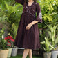 Exclusive Cotton Maroon Checked Gathered Dress with Embroidered Motifs on Yoke and Sleeves