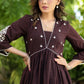 Exclusive Cotton Maroon Checked Gathered Dress with Embroidered Motifs on Yoke and Sleeves
