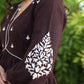 Exclusive Cotton Maroon Checked Gathered Dress with Embroidered Motifs on Yoke and Sleeves