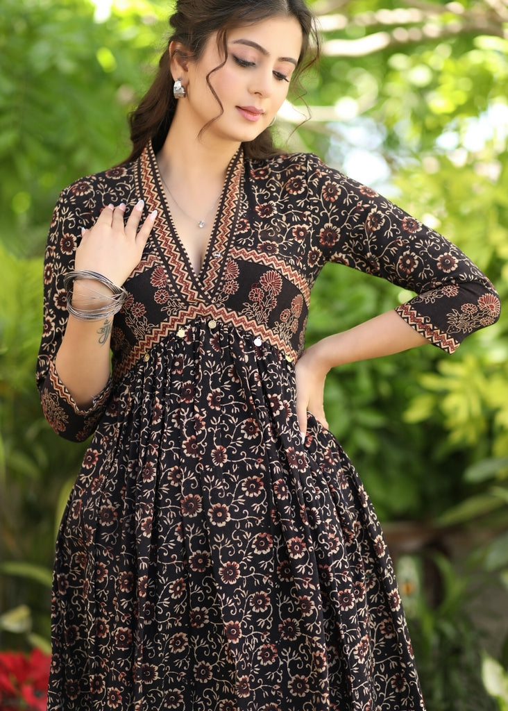 Exclusive V-Neck Fit and Flare Black Ajrakh Dress