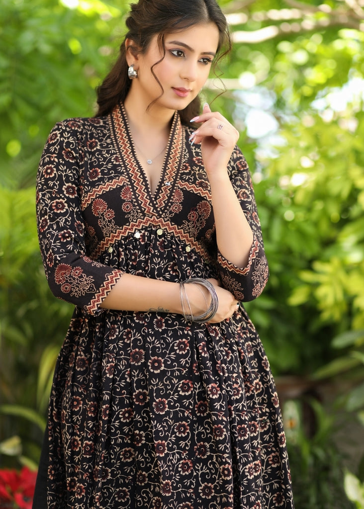 Exclusive V-Neck Fit and Flare Black Ajrakh Dress
