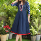 Exclusive Cotton Navy Blue Dress with Embroidered V-Neck and Indigo Sleeves