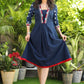 Exclusive Cotton Navy Blue Dress with Embroidered V-Neck and Indigo Sleeves
