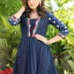 Exclusive Cotton Navy Blue Dress with Embroidered V-Neck and Indigo Sleeves