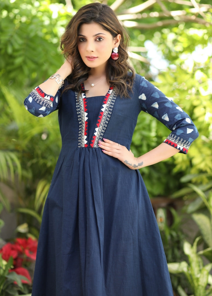 Exclusive Cotton Navy Blue Dress with Embroidered V-Neck and Indigo Sleeves