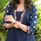 Exclusive Cotton Navy Blue Dress with Embroidered V-Neck and Indigo Sleeves