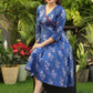 Classy Blue Printed Cotton Flared Dress