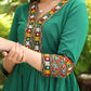 Elegant Cotton Green Dress with Mirror Work on Yoke and Sleeves