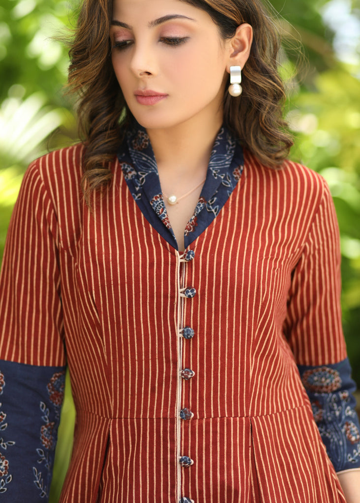 Beautiful Maroon Striped Ajrakh Print A-Line Dress