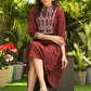 Classy Red Gathered Ikat Dress with Embroidered Yoke