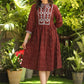 Classy Red Gathered Ikat Dress with Embroidered Yoke