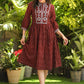 Classy Red Gathered Ikat Dress with Embroidered Yoke
