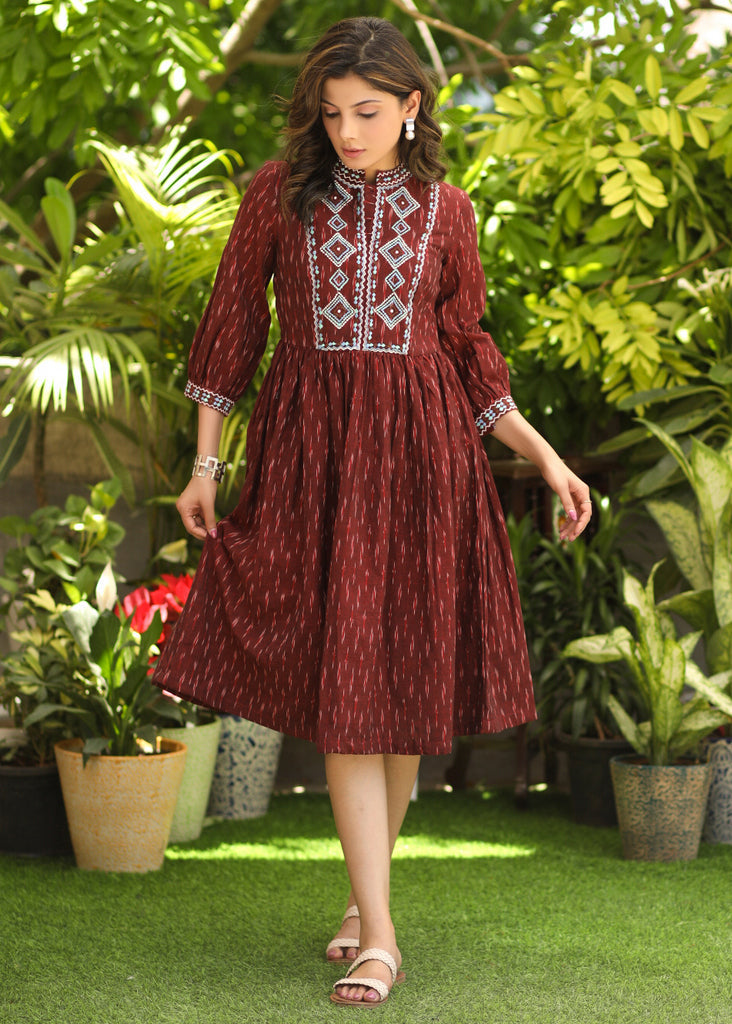 Classy Red Gathered Ikat Dress with Embroidered Yoke