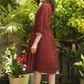 Classy Red Gathered Ikat Dress with Embroidered Yoke