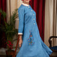Cotton Blue dress with hand embroidery on pouch pocket