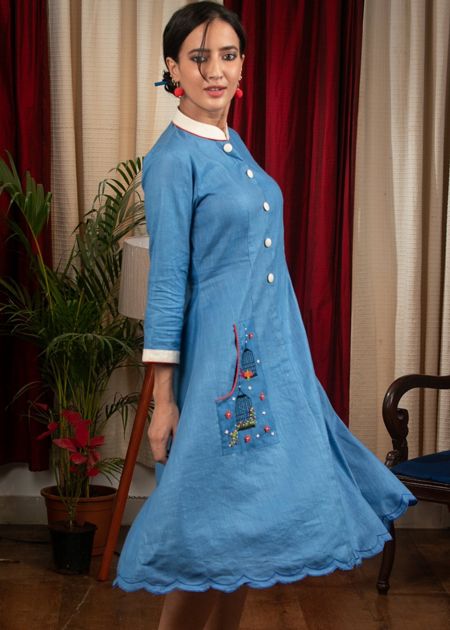 Cotton Blue dress with hand embroidery on pouch pocket