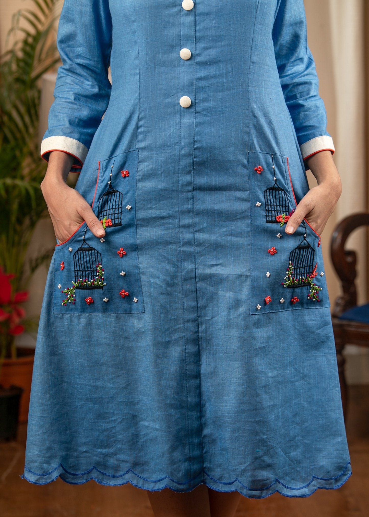 Cotton Blue dress with hand embroidery on pouch pocket