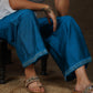 Trendy perssian blue wide leg palazzo pant with beads embroidery on the hemline