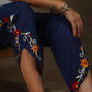 Trendy navy blue cotton trouser with beautiful embroidery on side slit