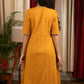 Mustard cotton dress with full front embroidery yoke
