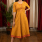 Mustard cotton dress with full front embroidery yoke