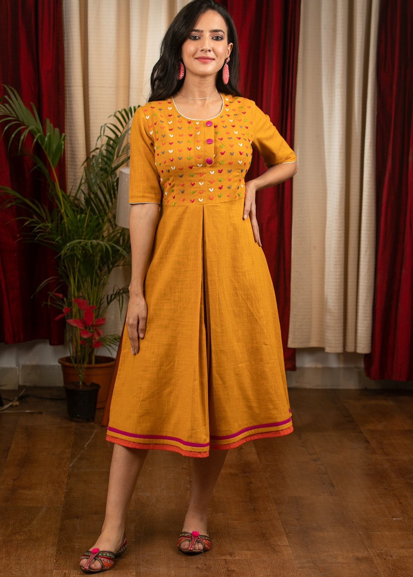 Mustard cotton dress with full front embroidery yoke